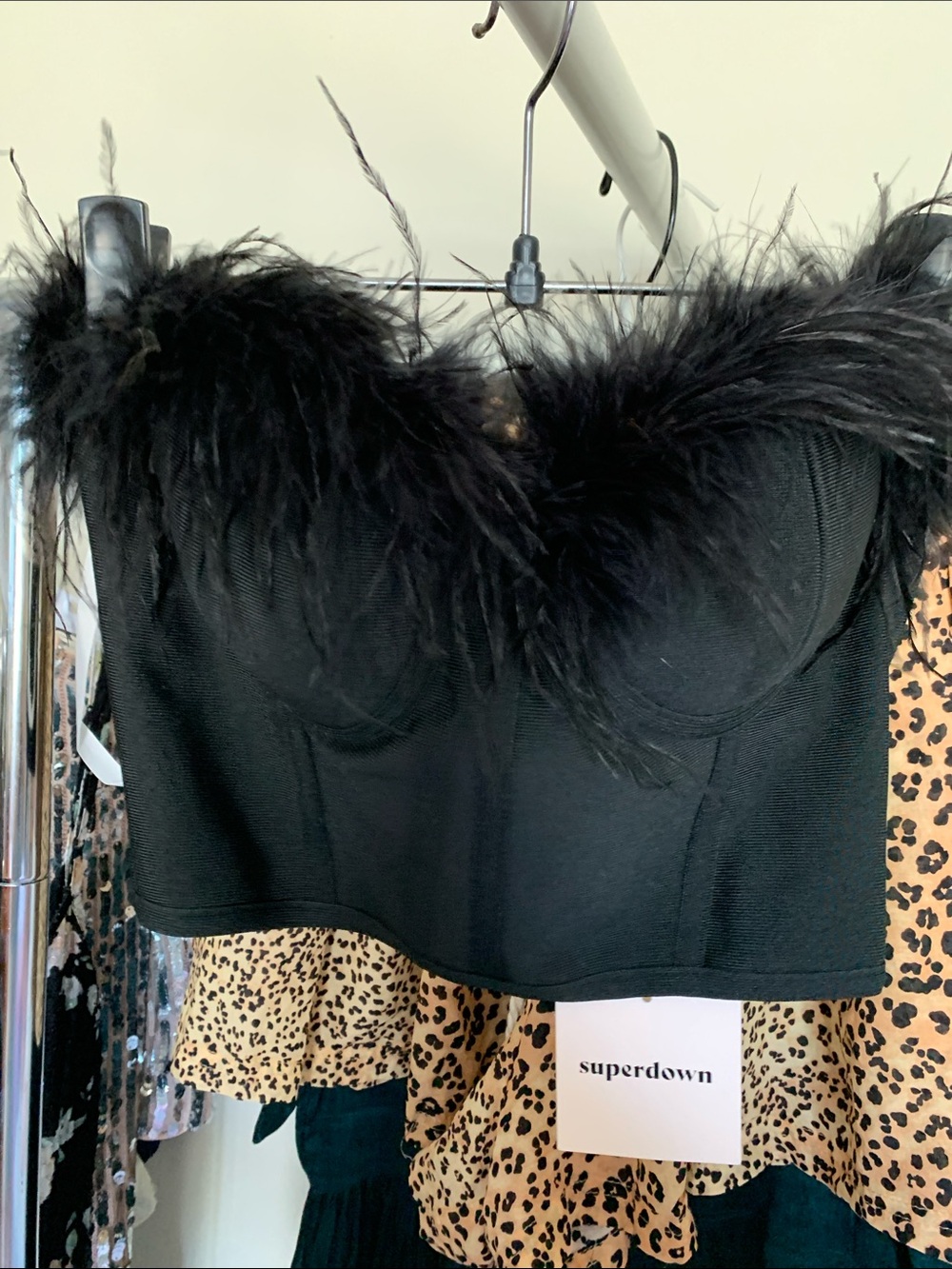 NWT Superdown Black Feather-Trim Bustier Crop Top